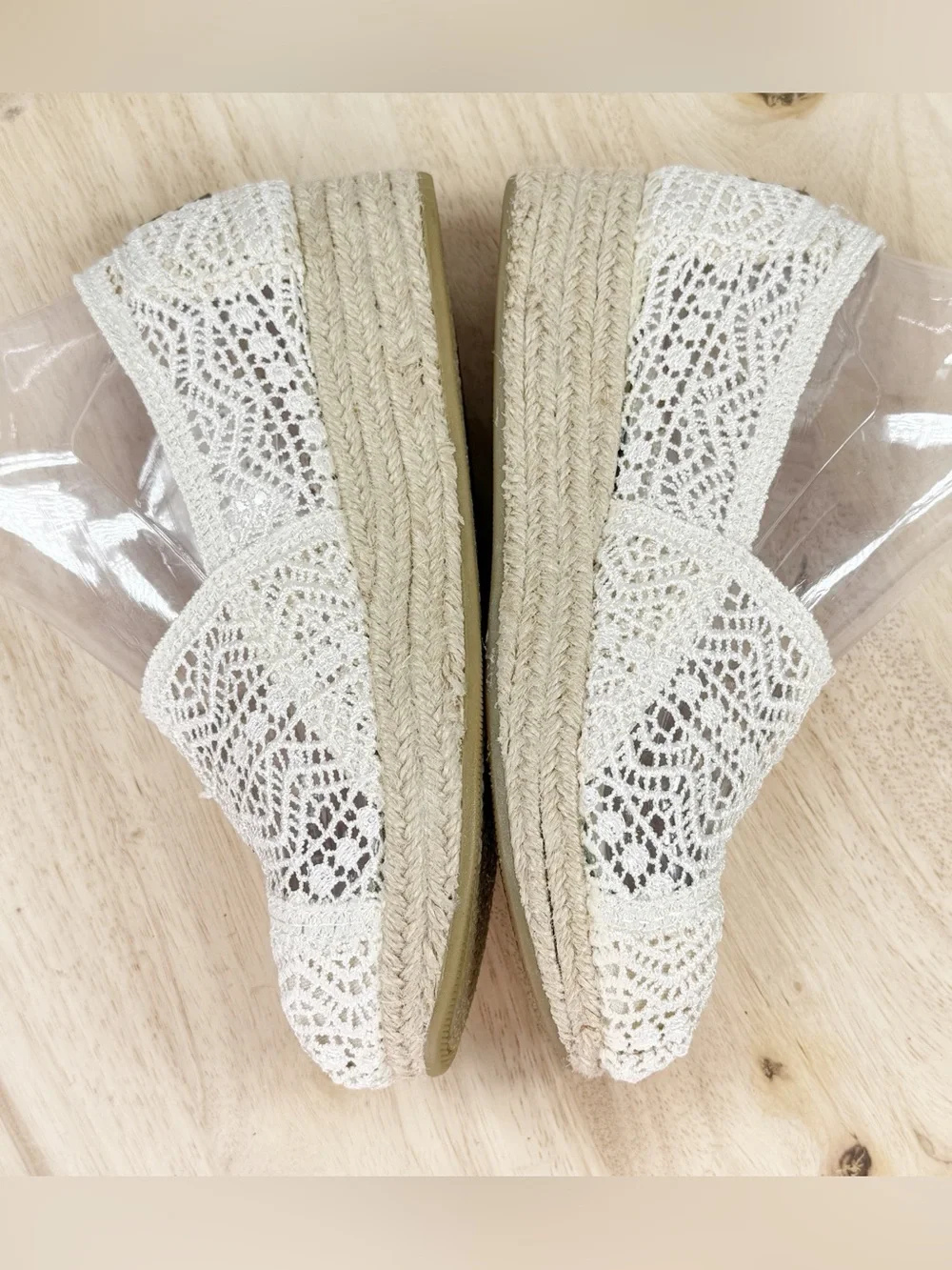 Bobs Skechers Crochet Lace Espadrille Wedge Slip On Shoes Ivory Cream 7 Boho